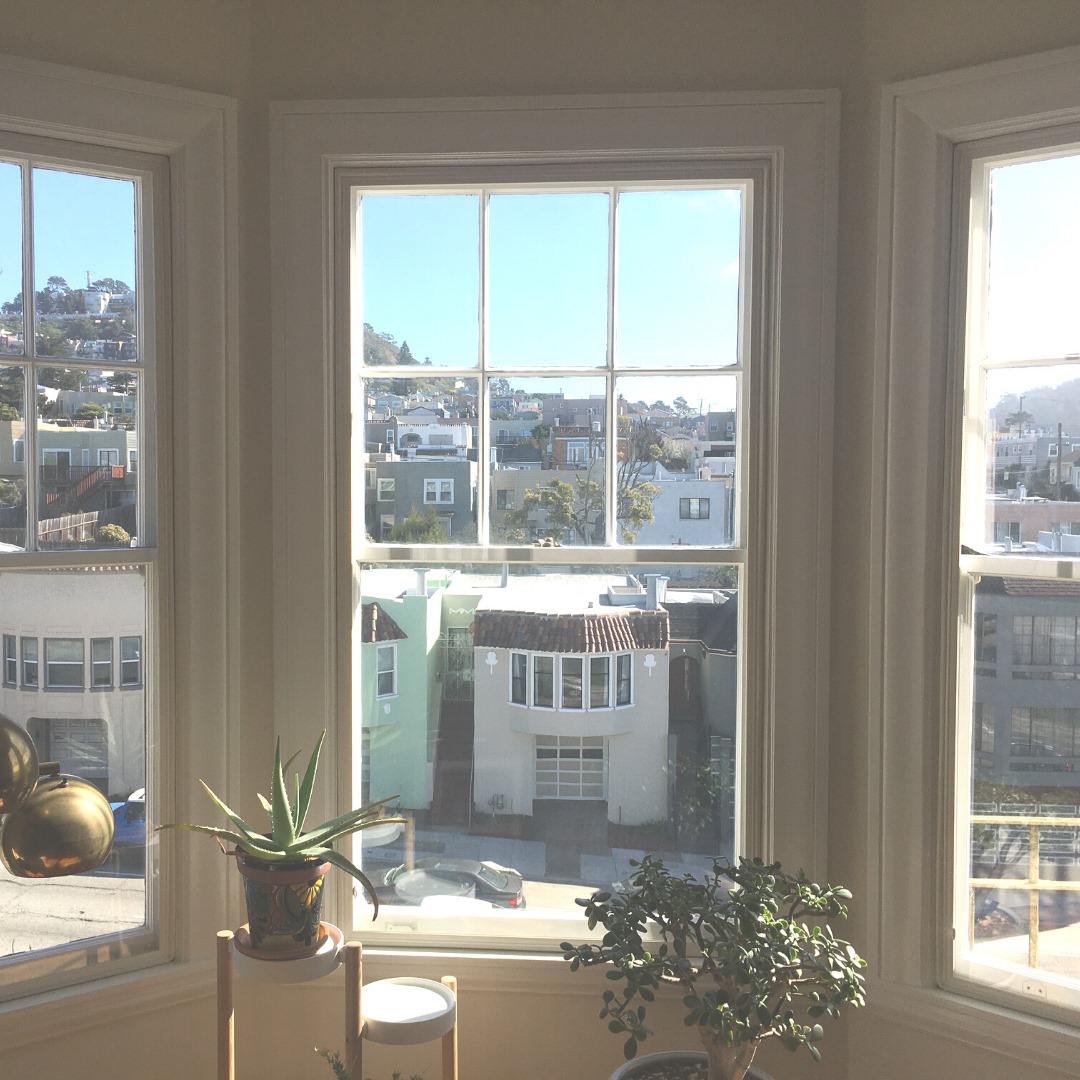 A view from a bay window with Indow inserts. The view looks towards the neighborhood houses.